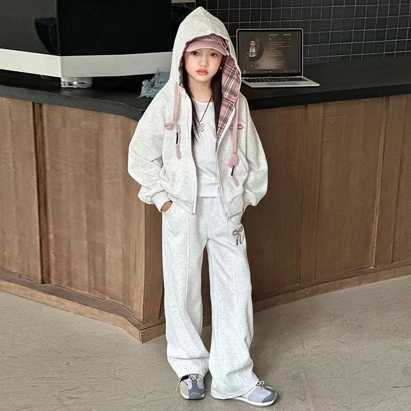 女童装春秋款时髦洋气套装中大童女孩蝴蝶结连帽外套休闲两件套潮