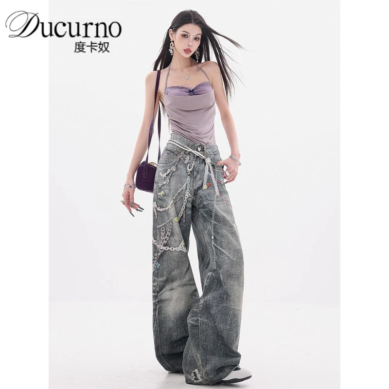 印花设计复古牛仔裤女2025年夏季新款小众设计感宽松休闲阔腿裤