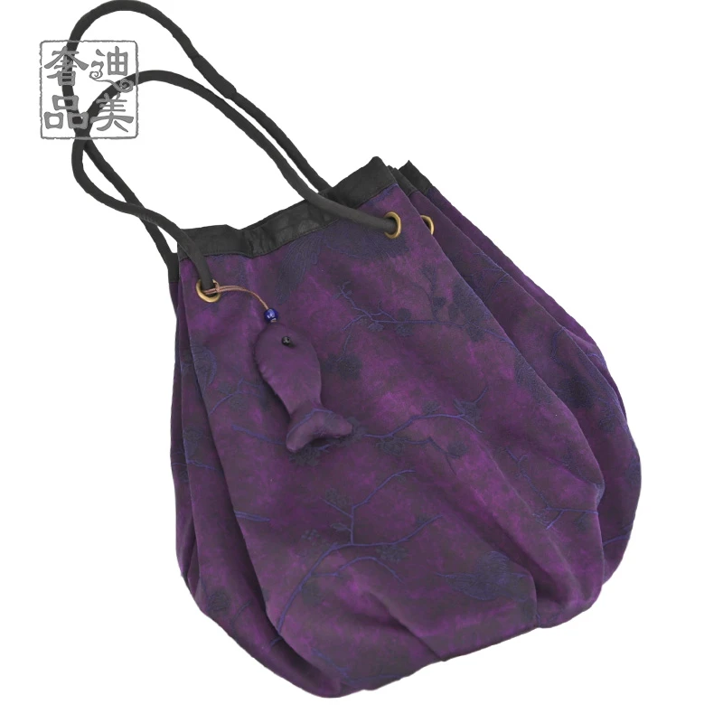 七七-（提花纹翟鸟梅枝）暗纹提花香云纱老料手提单肩斜挎包配小鱼3