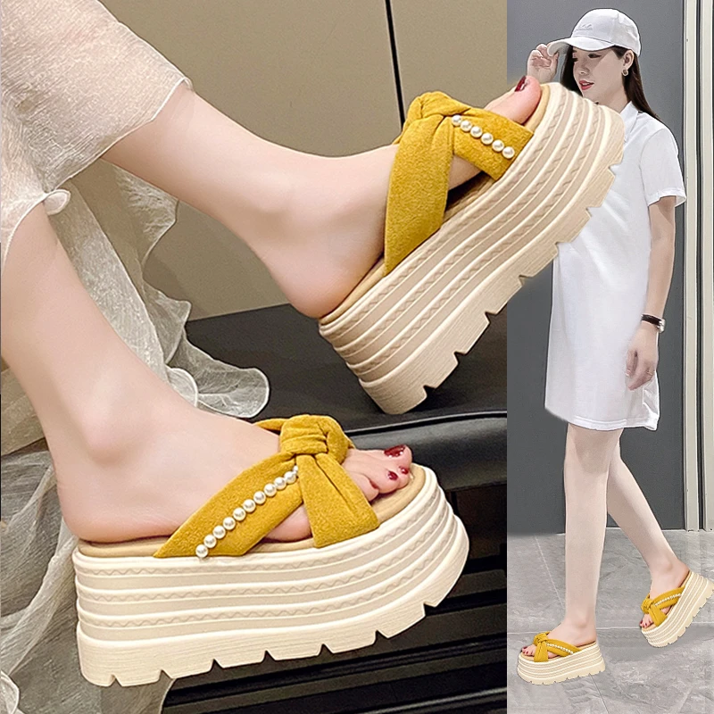厚底珍珠拖鞋女时尚外穿2025夏季新款百搭增高8cm蝴蝶结松糕凉拖