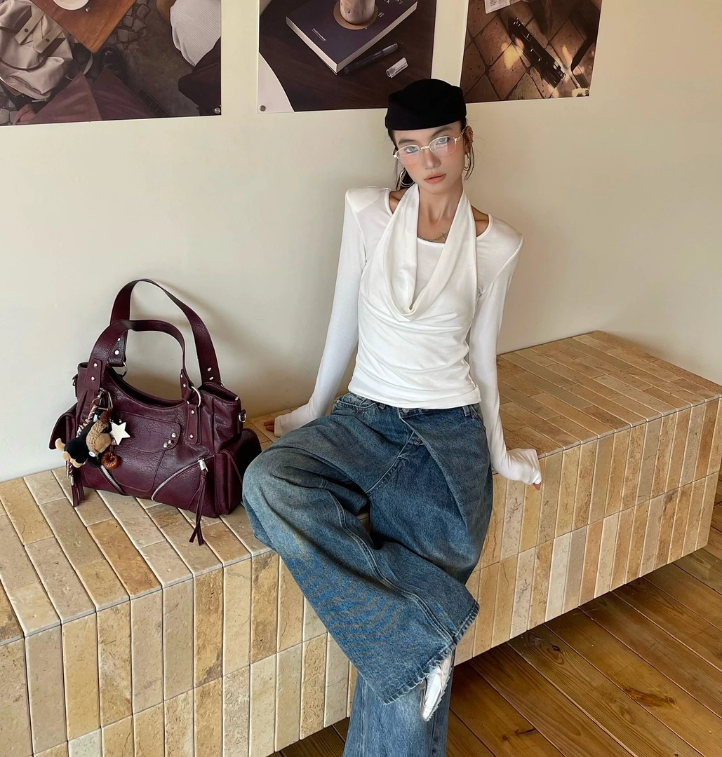 【19071】佰#假两件设计挂脖时尚百搭上衣