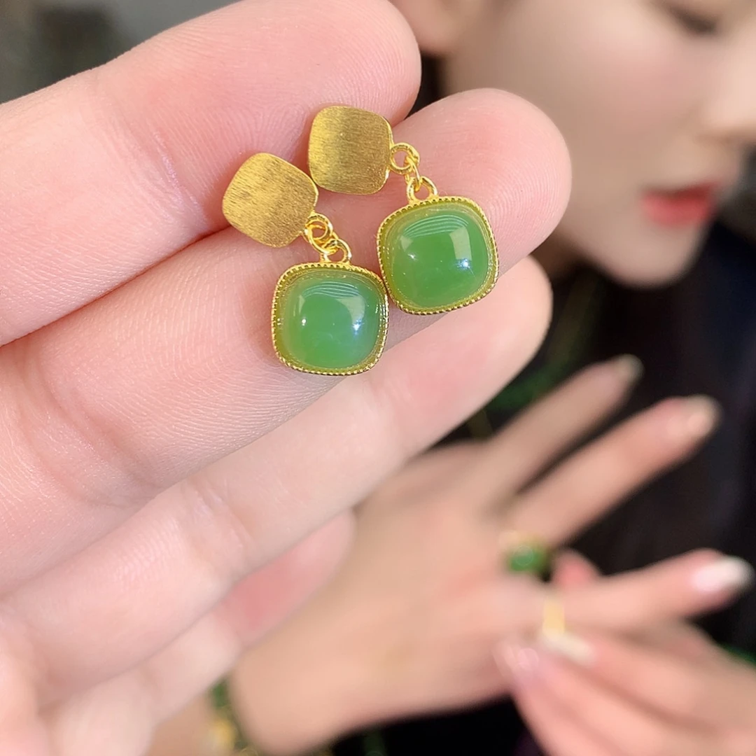 吊坠(不含链)银S925镶嵌和田玉（碧玉）耳饰