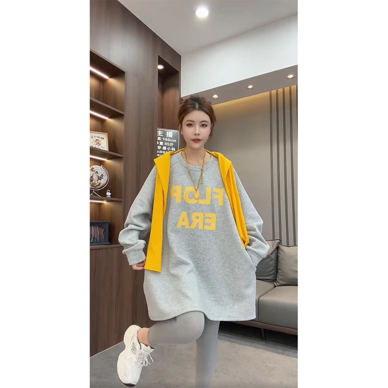 欧货2025秋冬新款时尚潮流字母印花圆领中长款卫衣休闲显瘦上衣女