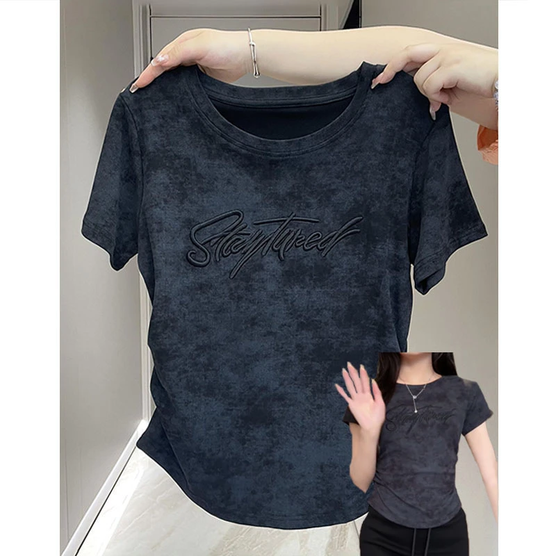 大码胖mm美式复古扎染字母刺绣正肩圆领百搭夏季短袖t恤女上衣ins