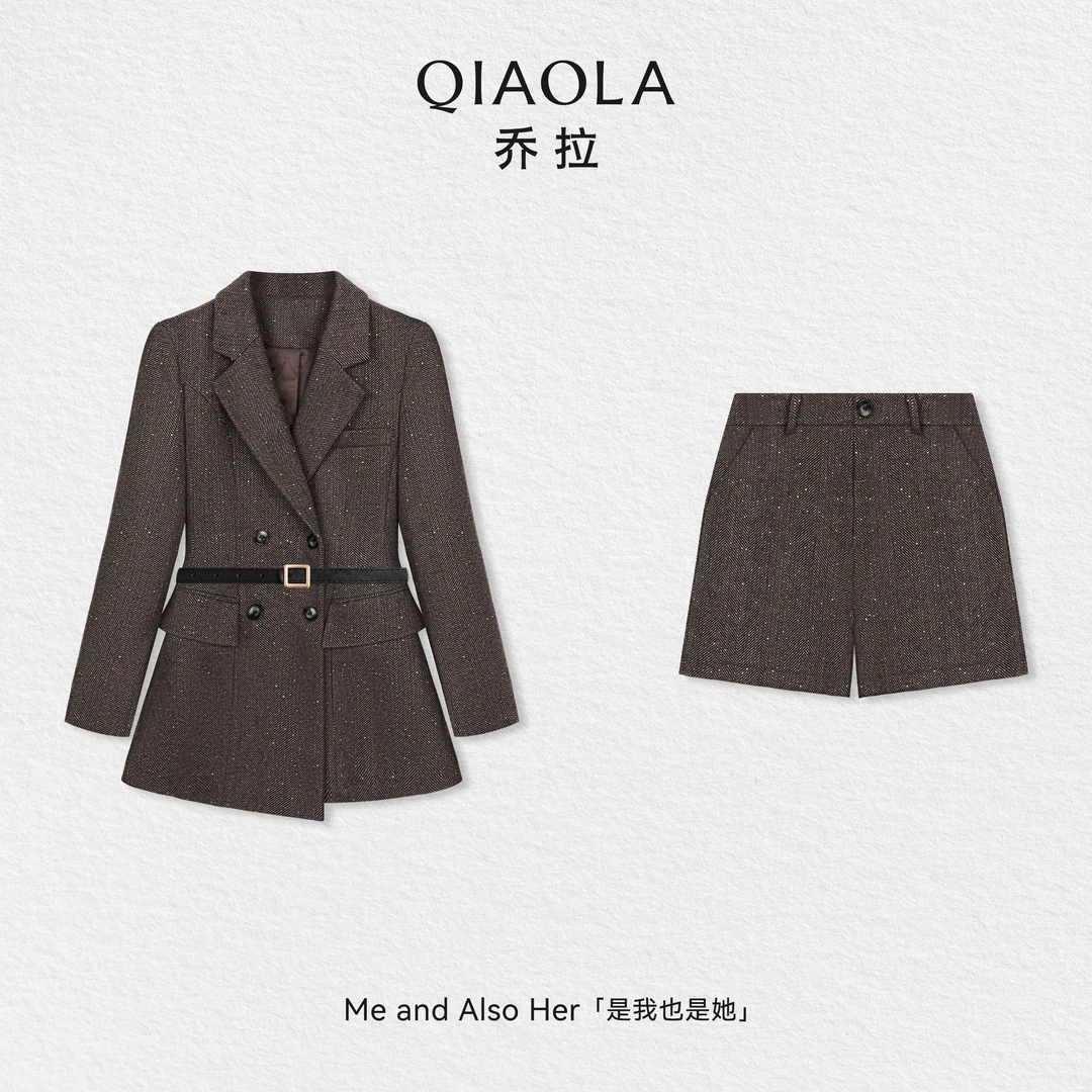 QIAOLA/乔拉【复古报刊】秋冬羊毛人字纹斜纹梭织翻领西装外套短裤