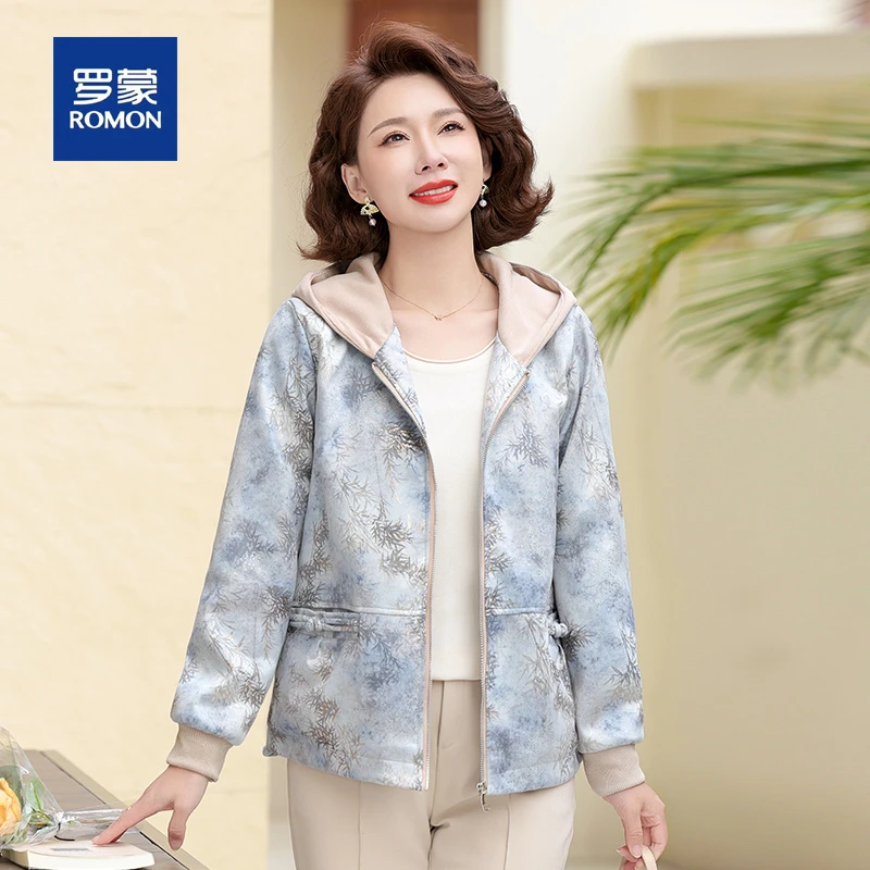 罗蒙气质妈妈春秋装小香风短款外套女新款时尚连帽印花中年夹克
