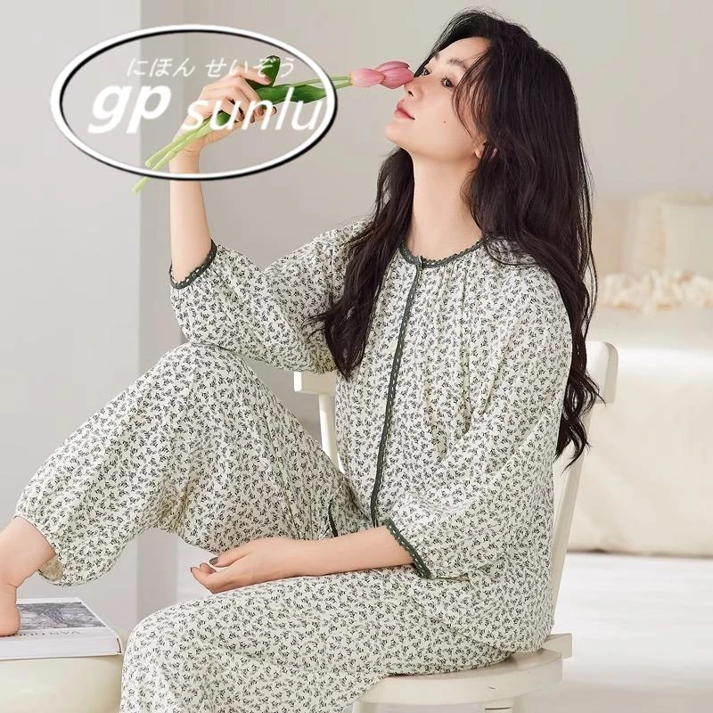 日系GP睡衣女款2025新款夏春秋纯棉夏季女士碎花七分袖长裤家居服