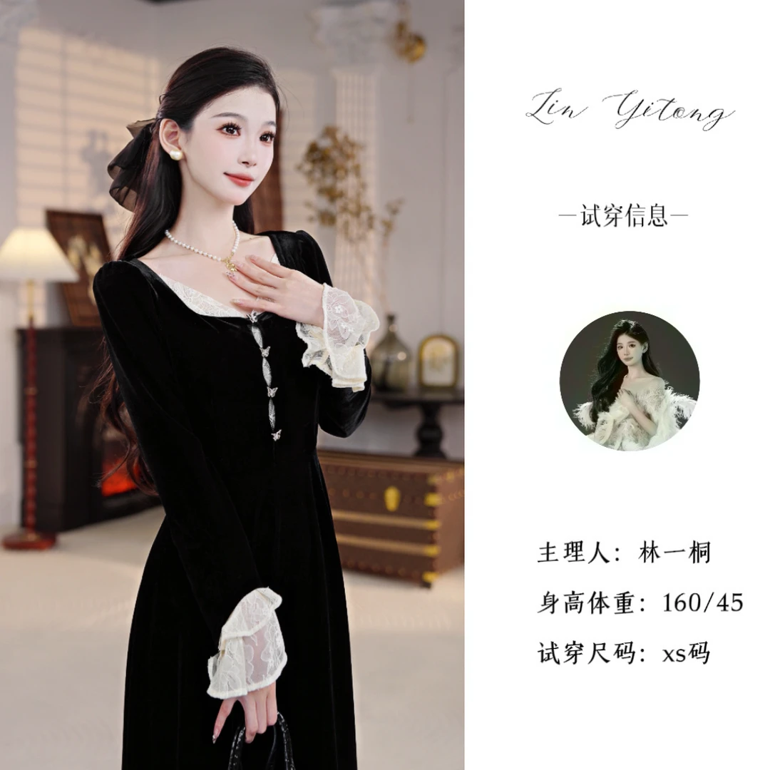 【一桐专属】【玫瑰庄园】法式宫廷蕾丝撞色丝绒连衣裙T53LQC3115