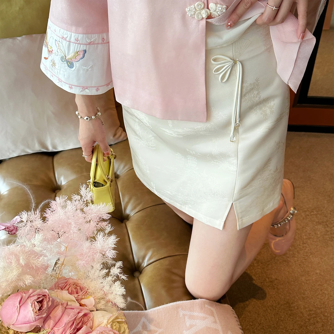 GA盈瓷新中式白色提花半裙女春夏设计感高腰国风短裙 24SS0152