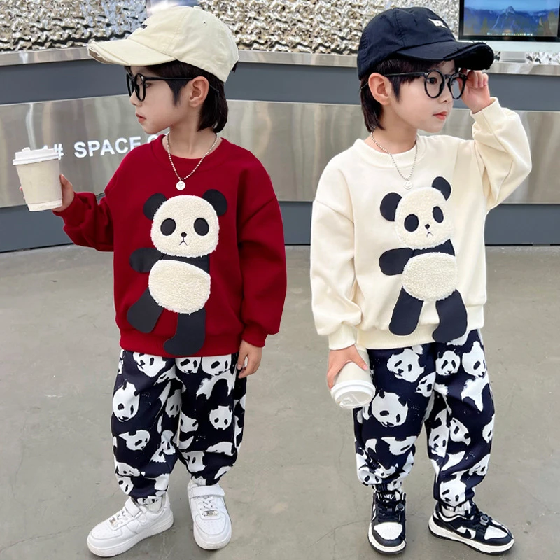 儿童春秋款绣花熊猫套装2025春季男宝宝休闲卫衣两件套童装