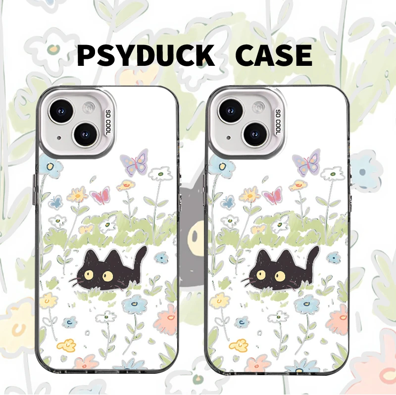 适用苹果华为一加小米春日碎花小猫彩银白底卡通动漫防摔手机壳