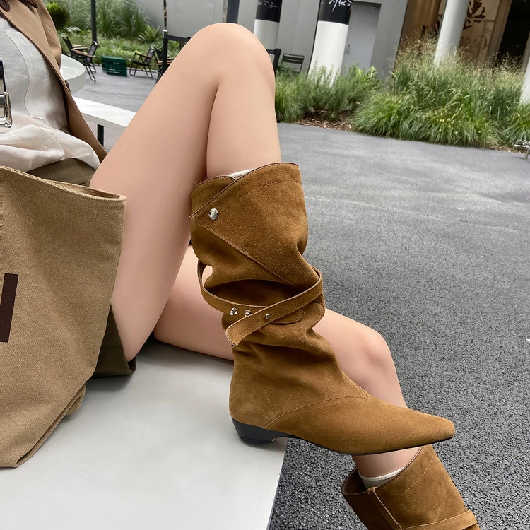 2025新款真皮松弛随性柔软褶叠牛反绒内增高中筒靴堆堆靴