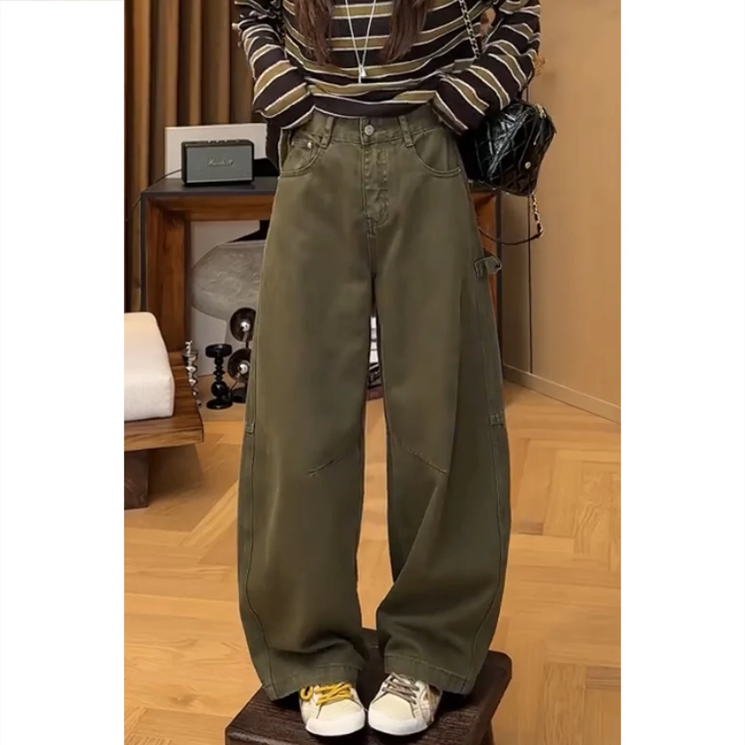 艾塔莉早秋女新款拼接美式牛仔裤宽松复古阔腿裤遮肉显瘦阔腿长裤
