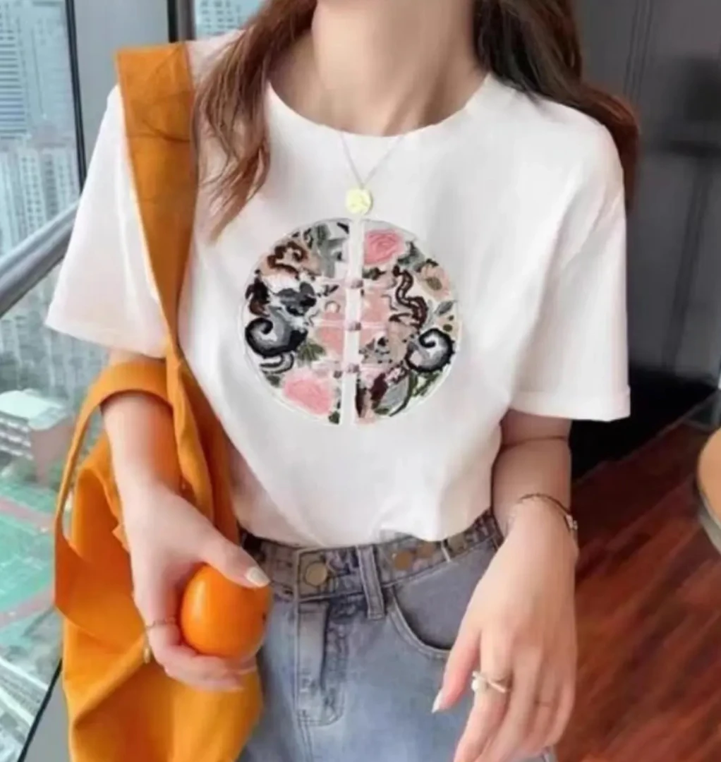 透气宽松2025夏季休闲时尚百搭纯棉印花T恤-国风