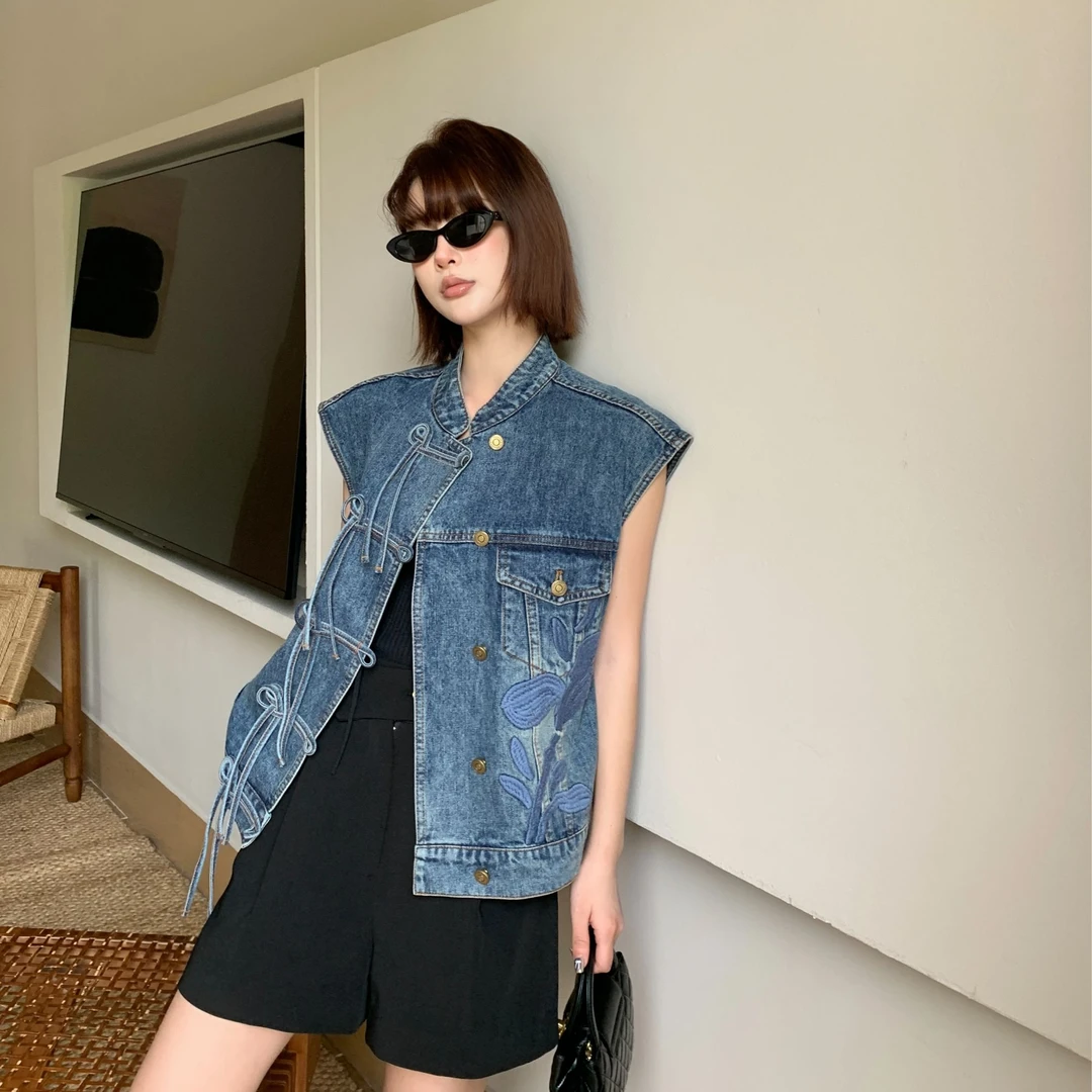 QIANJIE家｜春夏独立原创小众设计师牛仔刺绣立领无袖外套41112