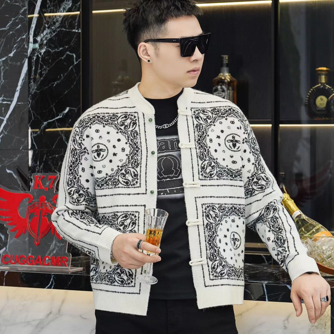 男士保暖羊毛衫中国风复古高档潮流菱形格圆领针织毛衣打底衫休闲