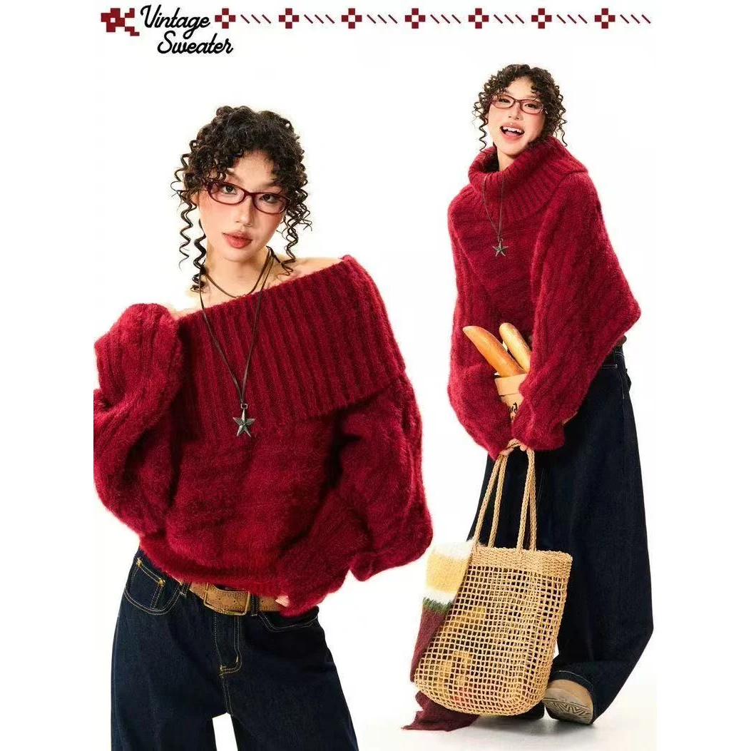 La Chapelle/拉夏贝尔针织衫红色秋冬一字肩高领短款女装上衣毛衣