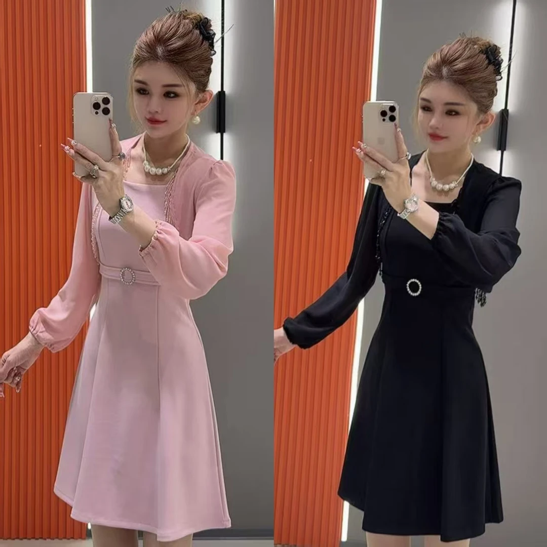 小 8399洋气法式圆扣亮钻收腰连衣裙 加 长袖流苏外披 两件套