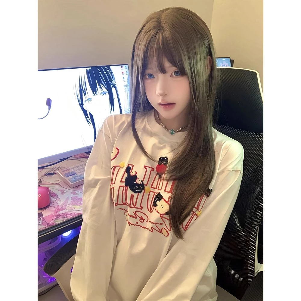 美式复古苹果猫刺绣白色长袖t恤女秋季休闲宽松圆领套头打底上衣