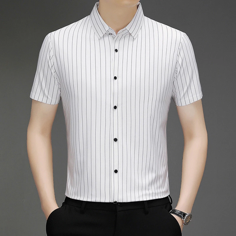 夏季修身透气男款男士衬衫宽松型薄款免烫短袖男商务条纹