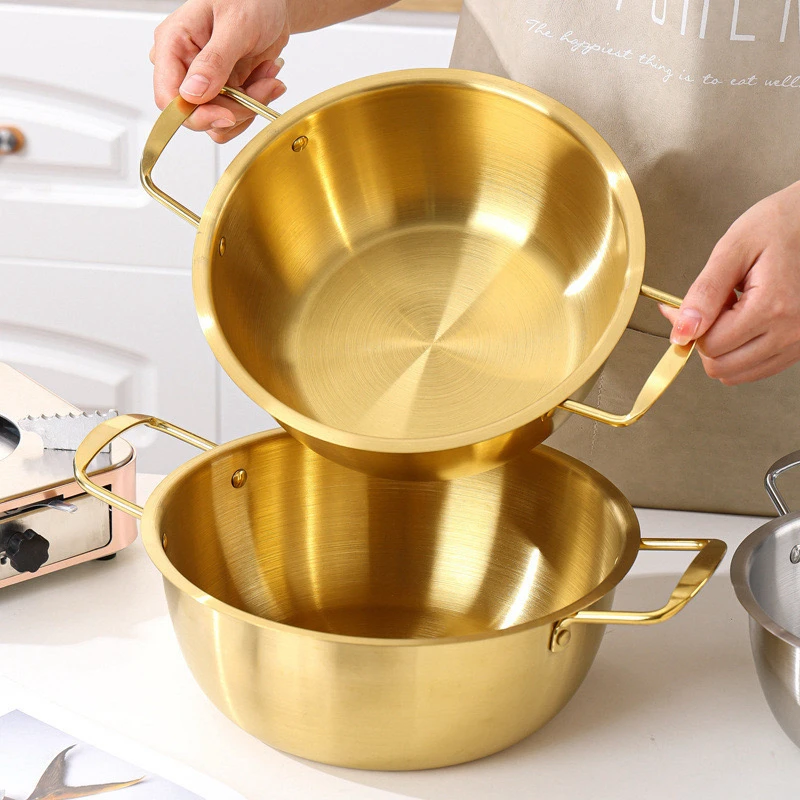 韩式不锈钢锅海鲜干锅双耳金色汤锅网红平底泡面锅迷你火锅盆代发