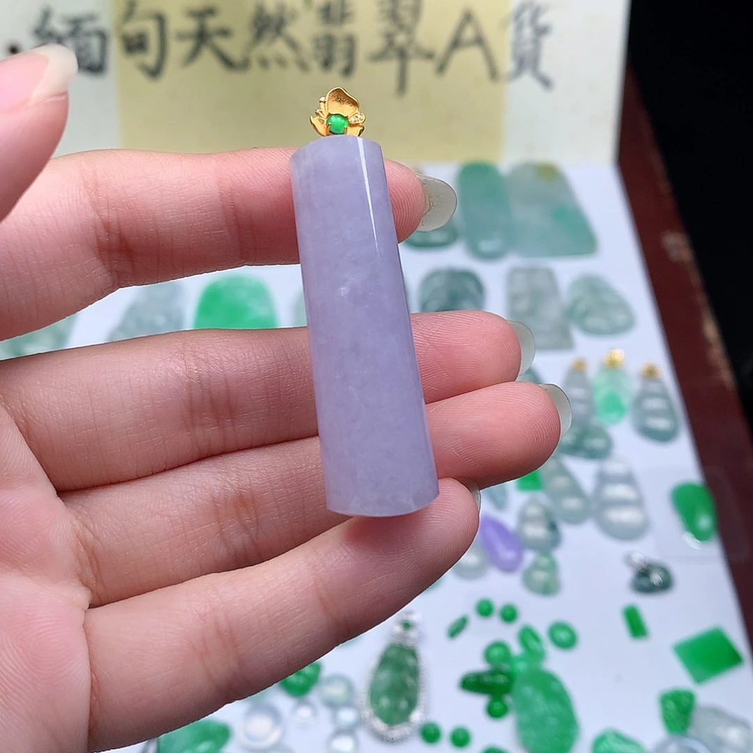 翡翠裸石18K金镶嵌缅甸天然A货翡翠冰种紫圆柱