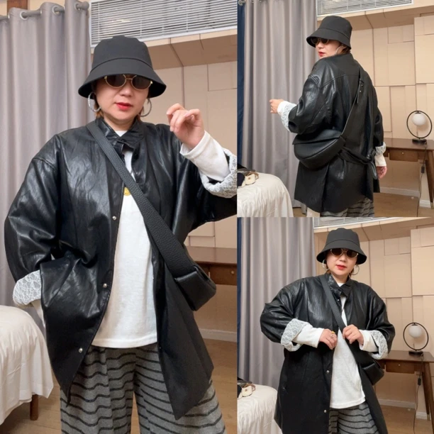 98080# 天花板仿皮衣外套中长款宽松百洋气韩版风衣夹克大码