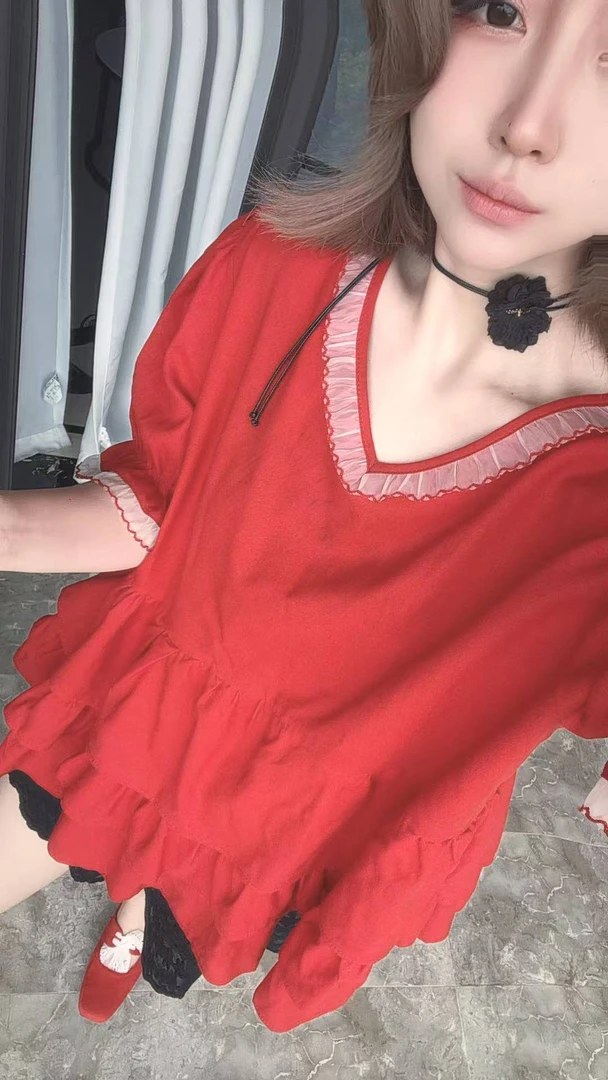 大唤家女装新款设计感红色上衣时尚休闲百搭