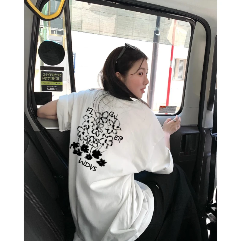 素描花朵印花上衣夏季新款百搭纯棉白色短袖T恤女生韩系ins衣服