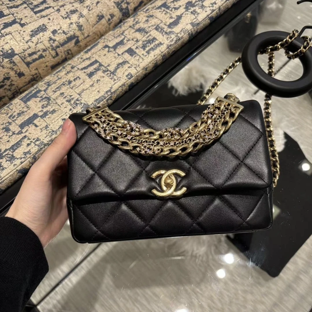 99新 Chanel/香奈儿 艾瑟尔中古/24c黑金粉钻手柄单肩包/e9ee