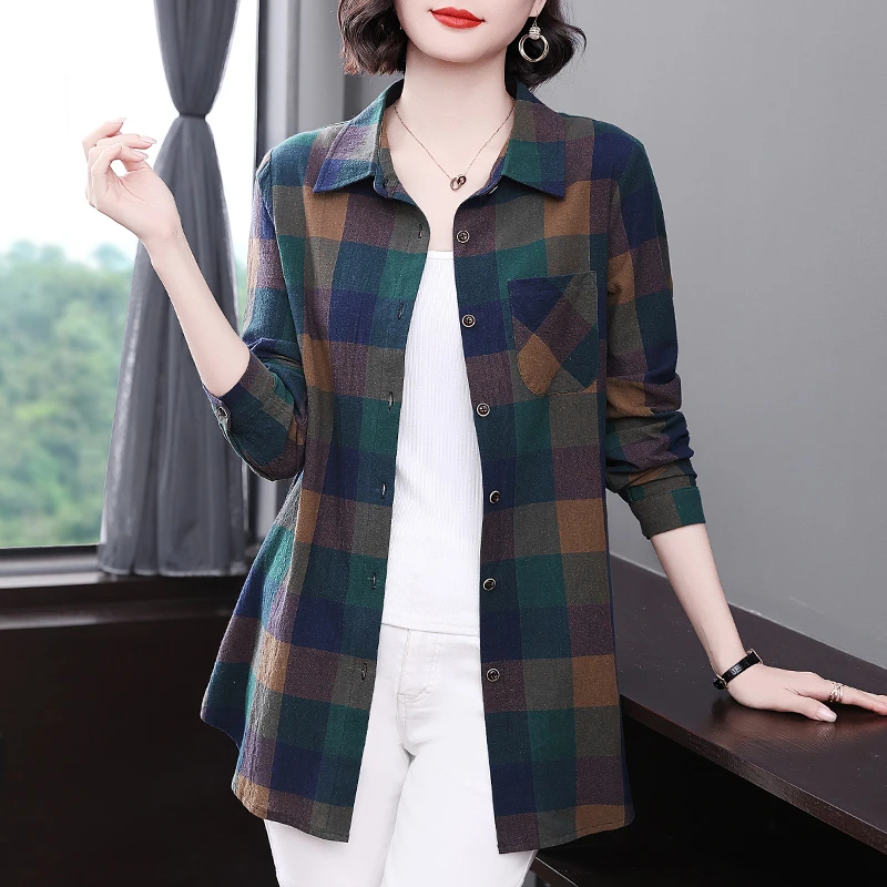 中长款衬衫女春秋2025爆款长袖上衣别致漂亮复古大码女装格子洋气