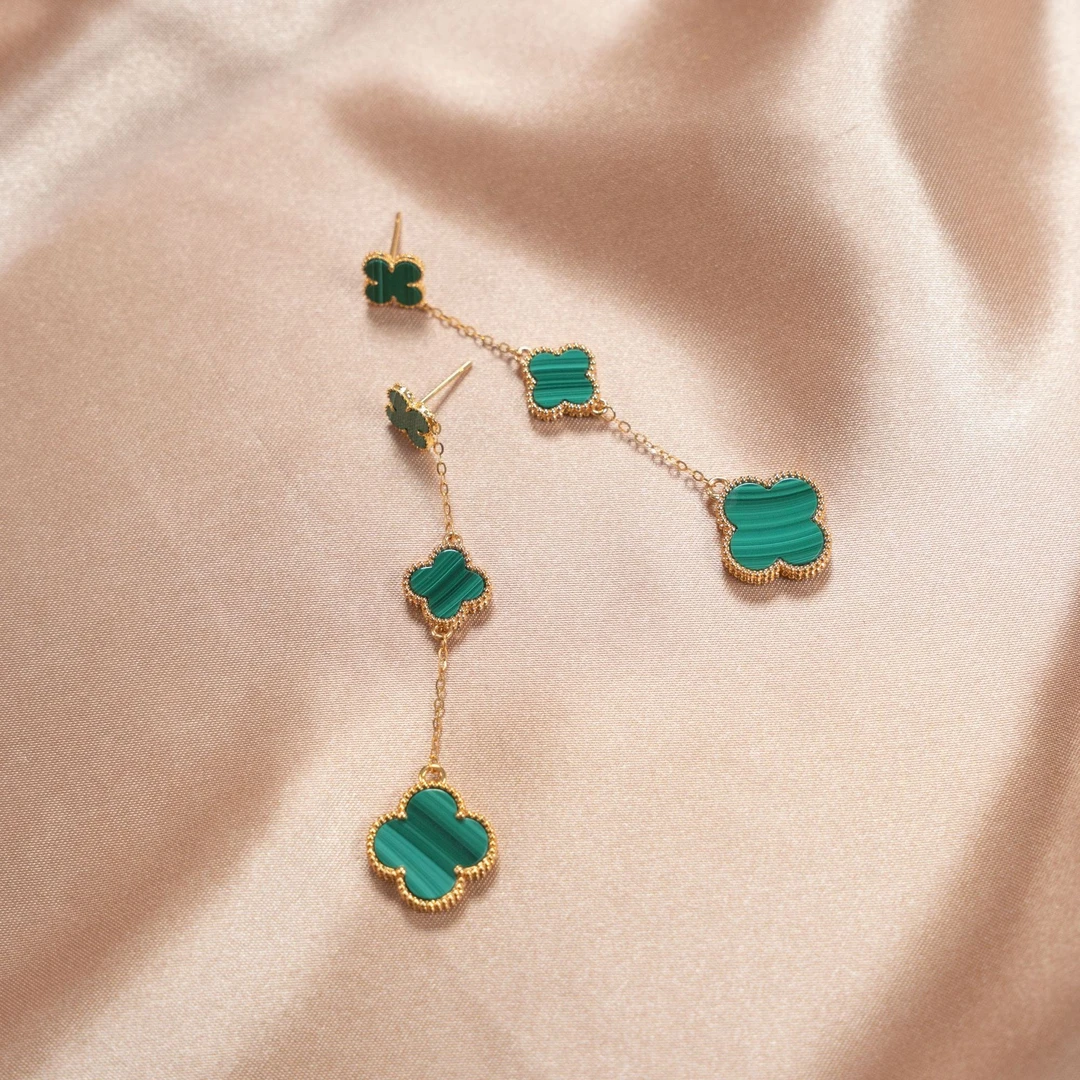 18K金镶嵌 K黄 孔雀石三花耳钉轻奢时尚