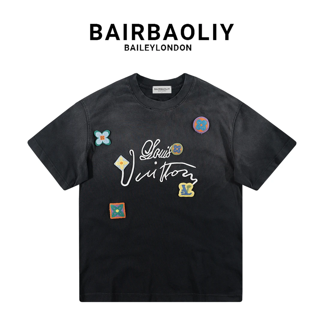 BAIRBAOLIY高货品质刺绣字母立体四叶草纯棉渐变宽松短袖T恤男装