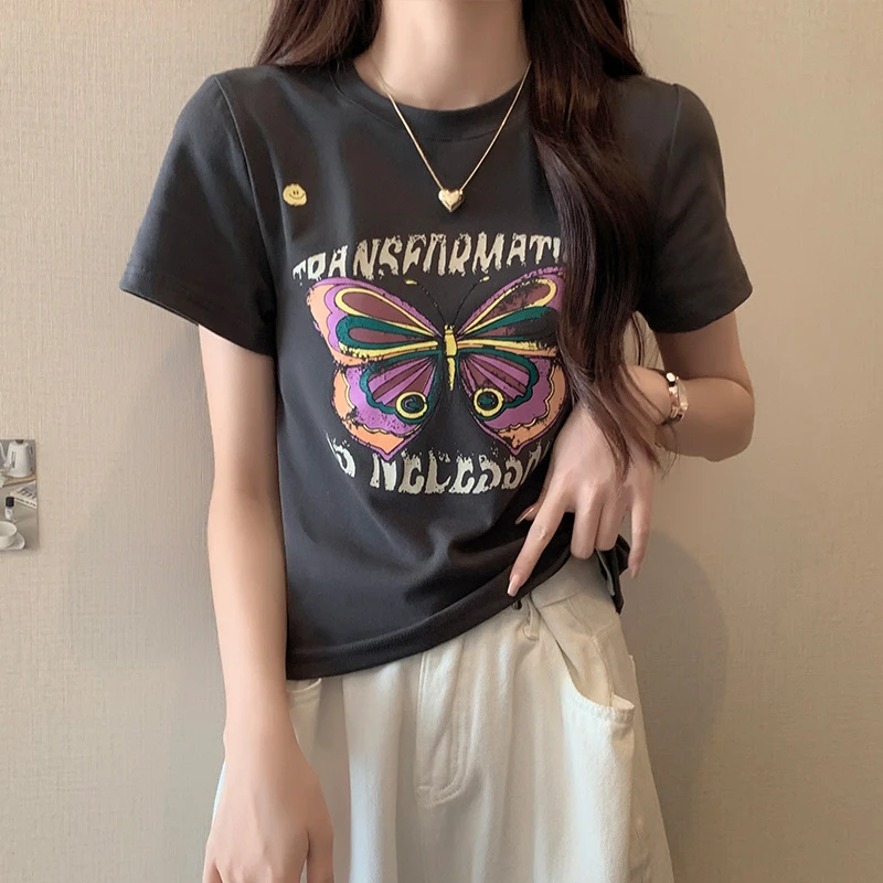 欧洲站时尚蝴蝶正肩短袖T恤女欧货夏季2025新款短款上衣女半袖潮