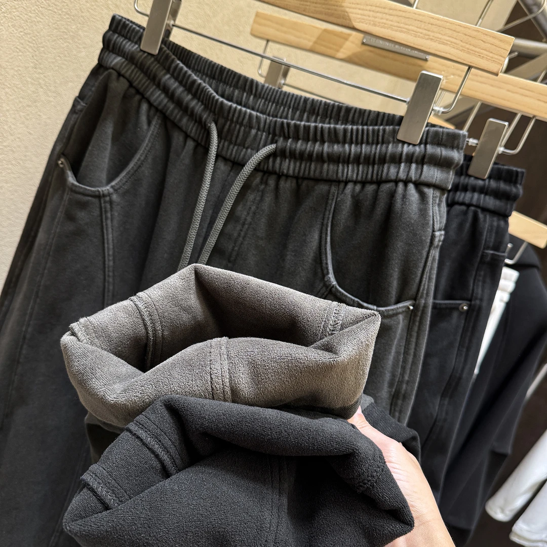 一件过冬！弯刀阔腿裤！镇店高货！水洗做旧抓绒加厚工装男休闲裤
