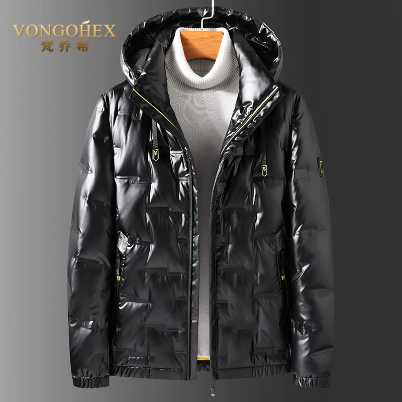 VONGOHEX连帽亮面羽绒服男白鸭绒保暖连帽外套秋冬季短款帅气百搭