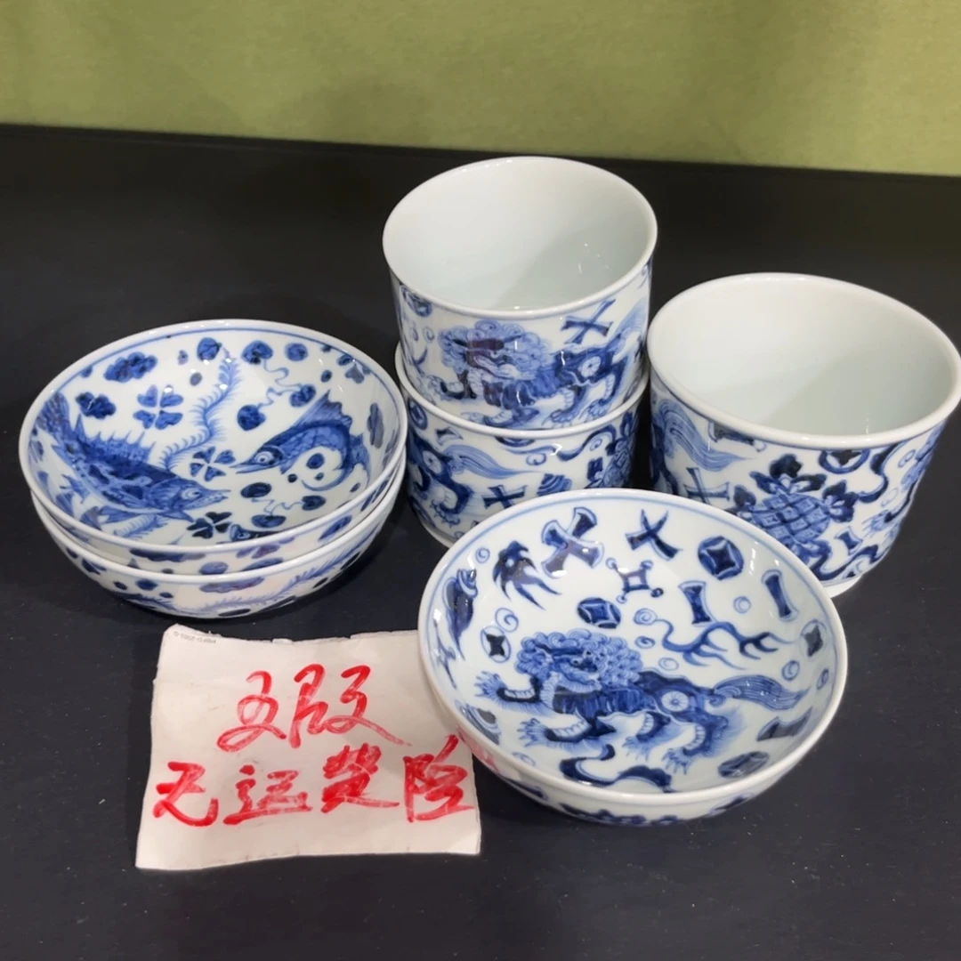 欧***米青花仿元鱼藻加狮子杯子六个