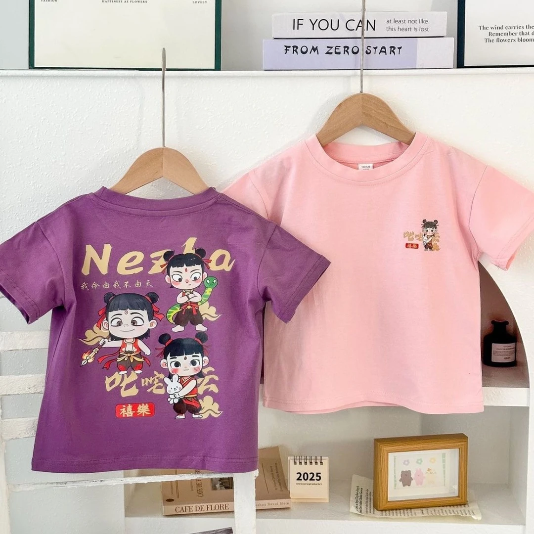 纯棉哪吒童装夏季女童儿童2025短袖新款男童宝宝上衣T恤卡通爆款