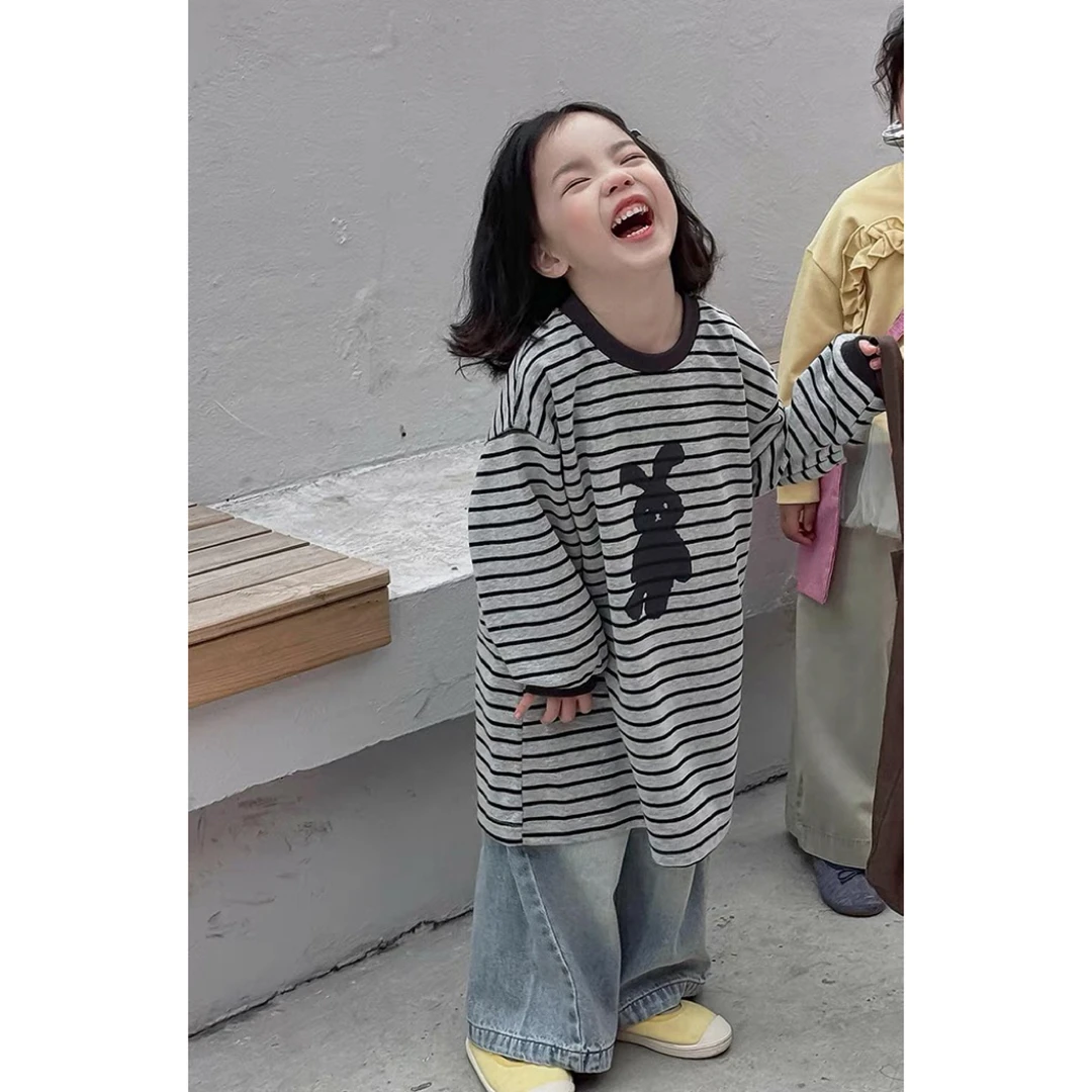 黑细条女宝宝长袖连衣裙