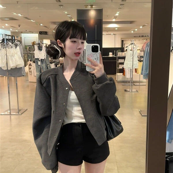 初秋灰色小个子美式学院风棒球服女运动拉链开衫卫衣短款外套潮牌