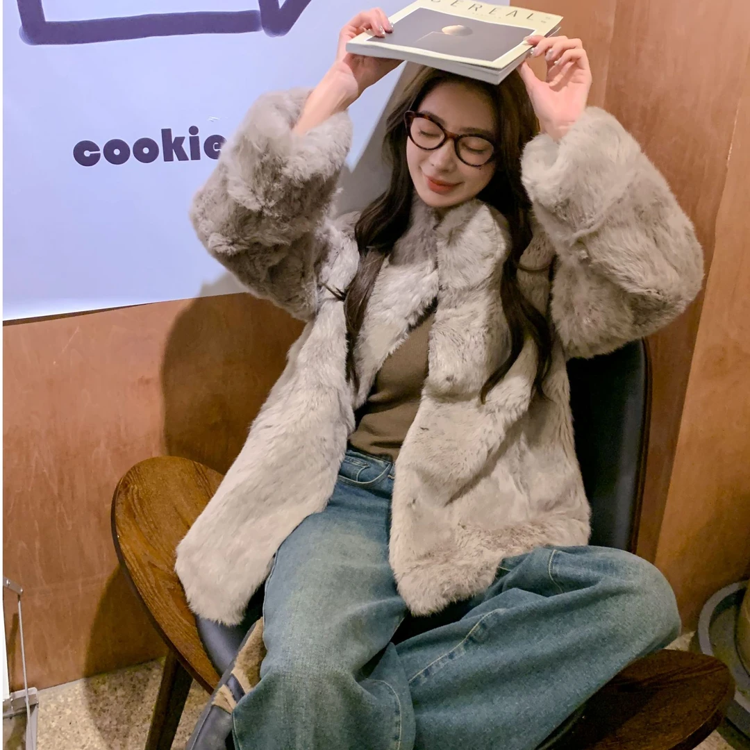 AMYSURE爱米修兔毛外套女秋冬巴黎经典时尚保暖毛绒绒上衣