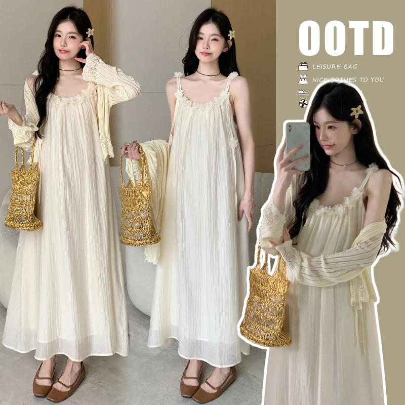 时髦孕妇装新款2025夏季超仙孕妇吊带蕾丝显瘦公主连衣裙加防晒衣