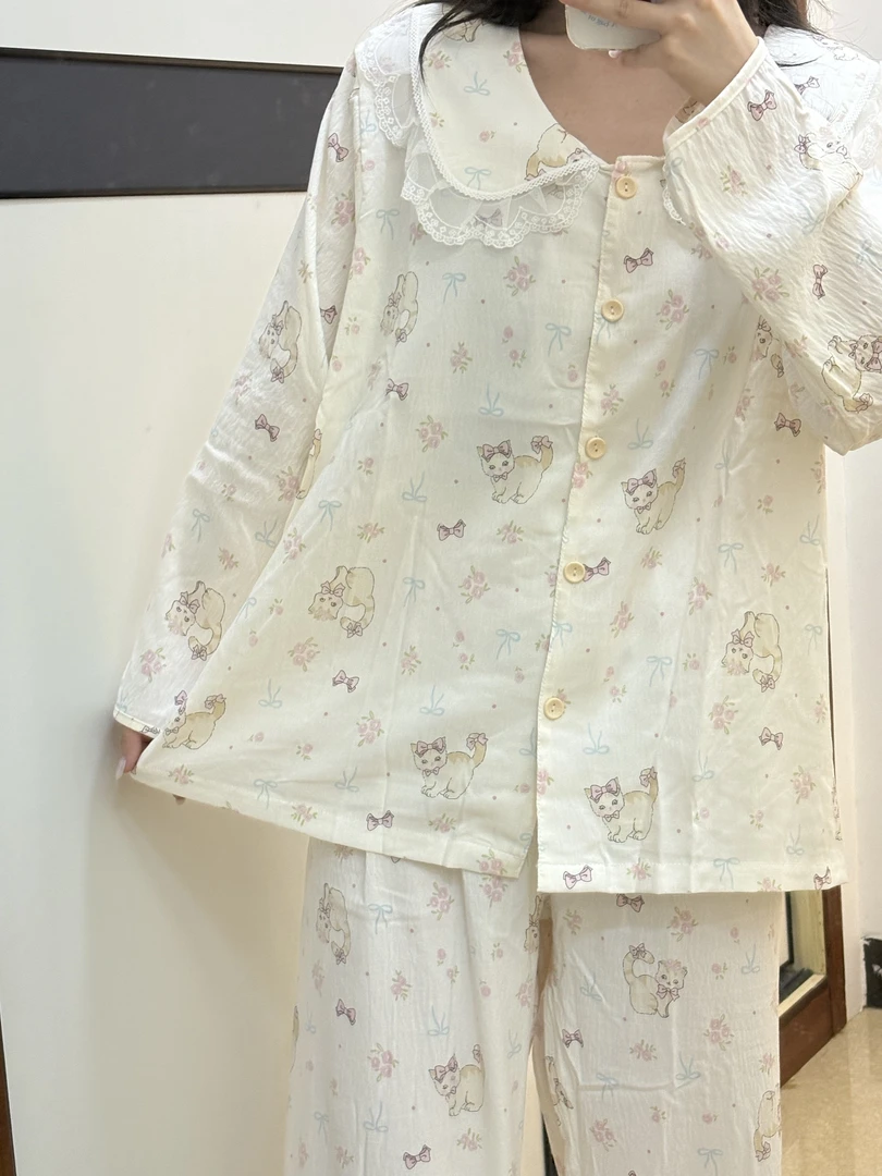 秋季大码睡衣女慵懒小猫加大加肥宽松甜美精致蕾丝睡衣家居服套装