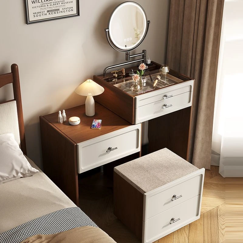 橡语迷你小化妆桌现代奶油风床头柜一体小户型可伸缩50cm收纳柜