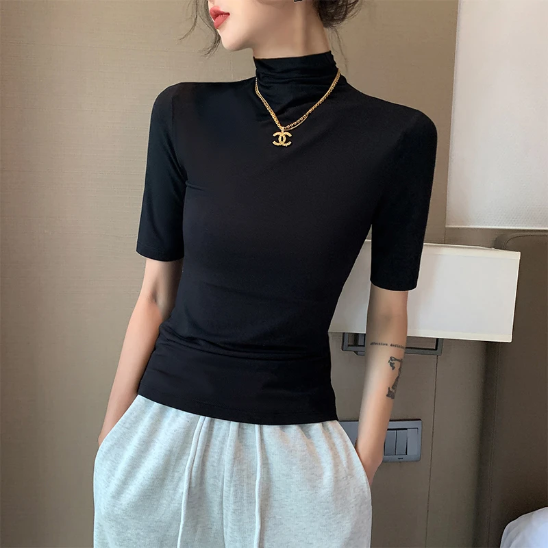 黑色莫代尔半高领中袖打底衫女内搭T恤2025秋冬季新款五分袖上衣