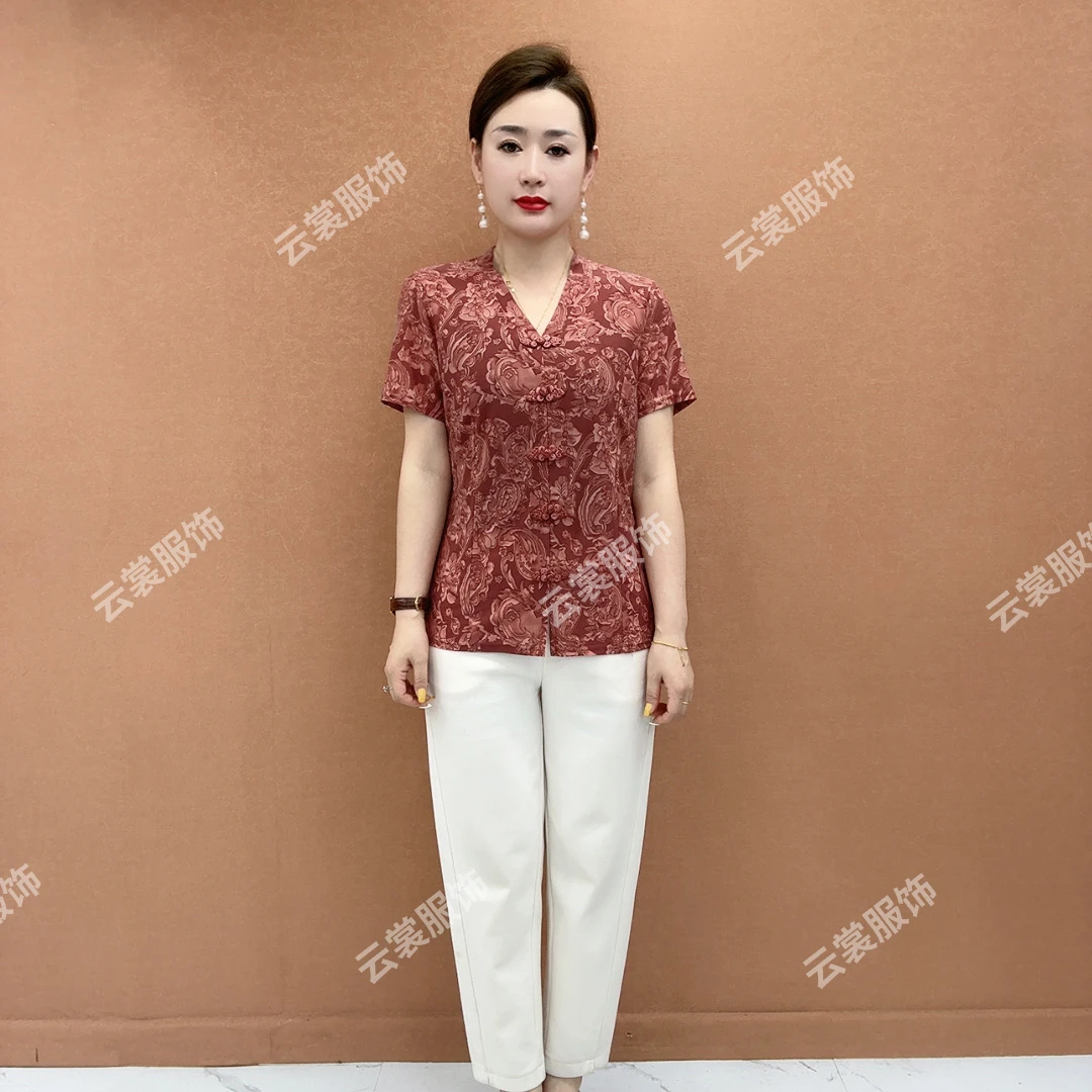 复古妈妈装T恤短袖洋气V领碎花小衫夏季新中式时尚显瘦气质上衣女
