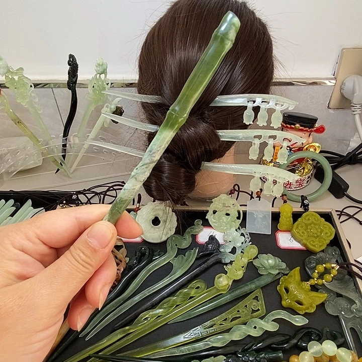 蛇纹石玉合金发饰竹节