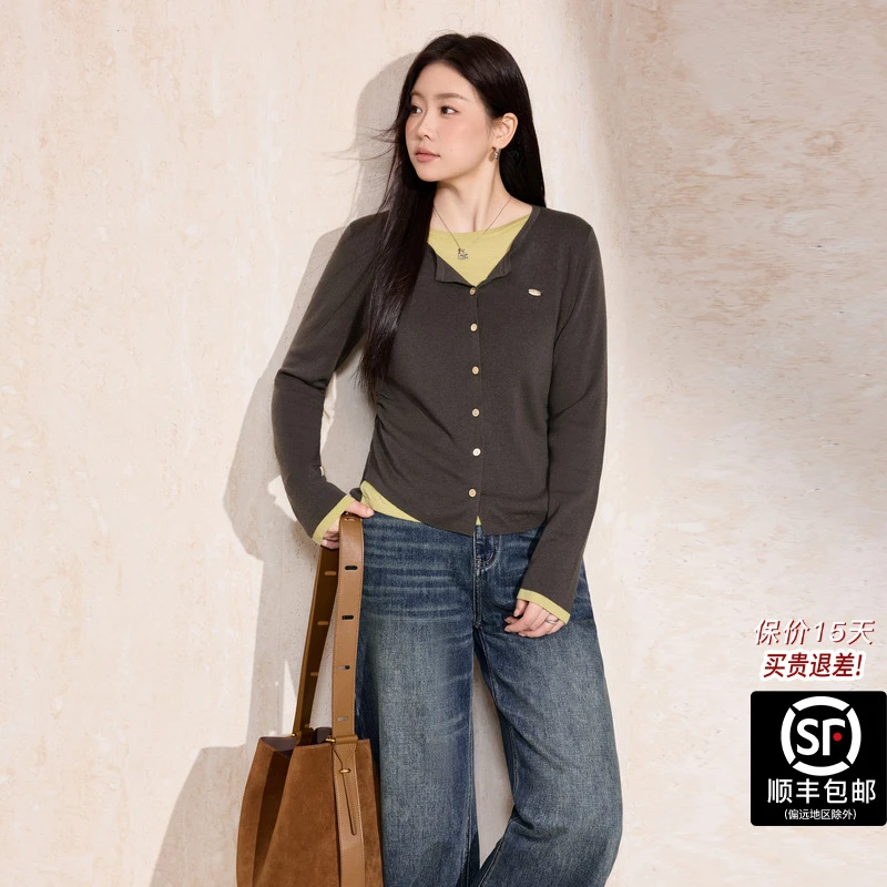 蓝语大码女装羊毛混纺撞色圆领针织衫假两件2025秋冬新款长袖毛衣