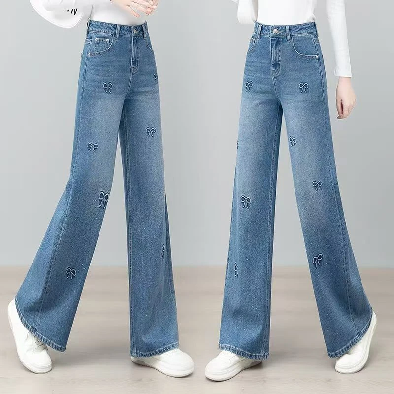 2025年春秋新款牛仔裤女烫钻直筒裤美式高街宽松高腰窄版阔腿裤子