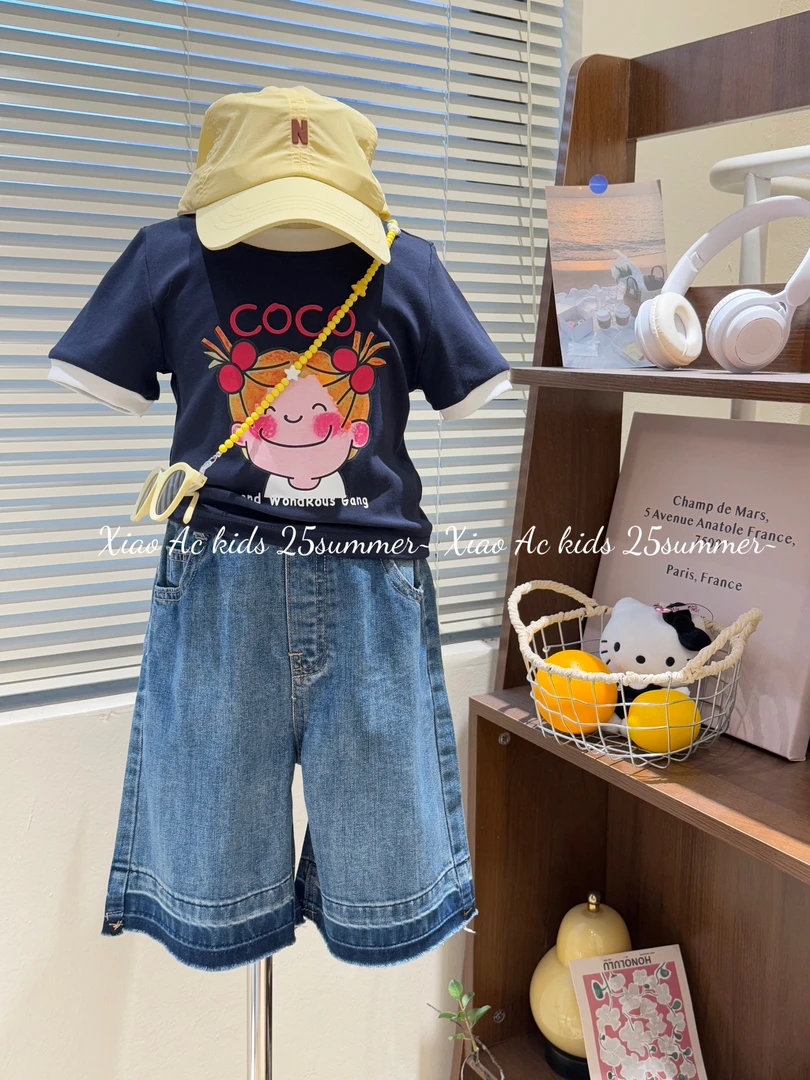 2025夏季新款韩系女童可爱卡通短袖T恤女宝百搭洋气撞色牛仔5分裤